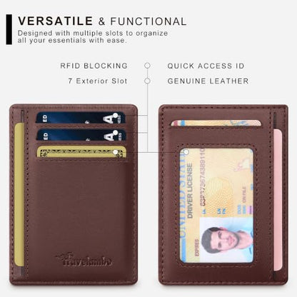Travelambo 100% Genuine Leather Wallet for Men and Women, Slim Minimalist RFID Blocking Front Pocket Credit Card Holder with Gift Box(Brown 01) - color: Texas Brown 01