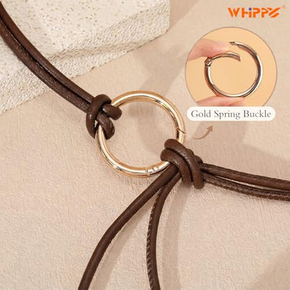 WHIPPY Women Skinny Leather Belts for Dresses Boho Thin Leather Knotted Waist Belt - color: Coffee, size: Fit Waist Size up to 35"