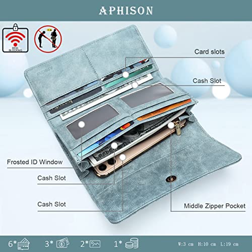 APHISON Womens Wallets RFID Blocking Leather Clutch Long Wallet for Women Card Holder Phone Organizer Ladies Travel Purse Hollow Out Sunflower Design Gift - color: 1-blue