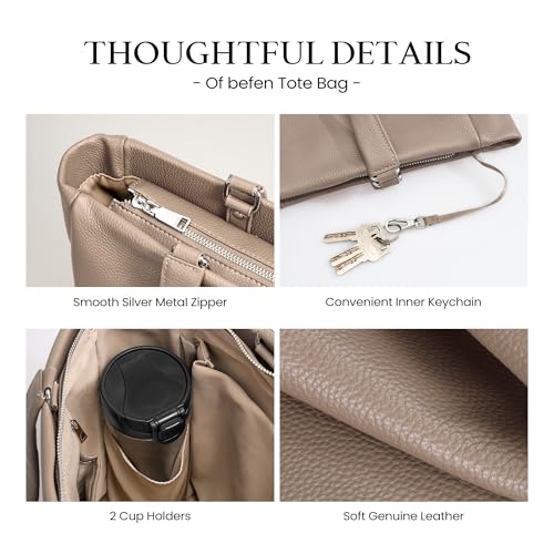 befen Genuine Leather Work Tote Bag for Women with 15" Compartment | Real Leather, 15" Laptop Sleeve, Trolley Strap, Zipper, Cup Holder - color: Taupe