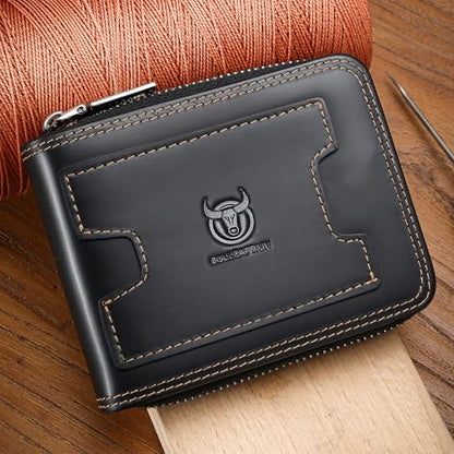 LUKZIJAES Mens Wallets Genuine Leather RFID Blocking with Zipper Wallet for Men Large Capacity 14 Card Slots, ID Window & Coin Pocket for Travel (#15-Black) - color: #15-Black