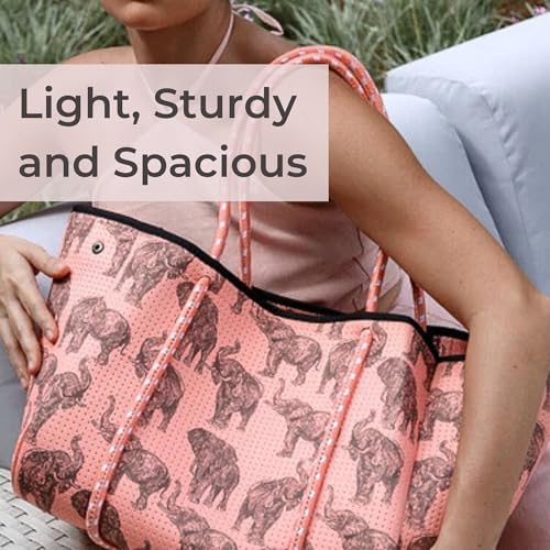 POPUPS Large Neoprene Tote Bag for Women - Everyday Designer Handbag for Travel Work and Beach with Pockets and Zipper Pouch - color: 1majestic Elephants