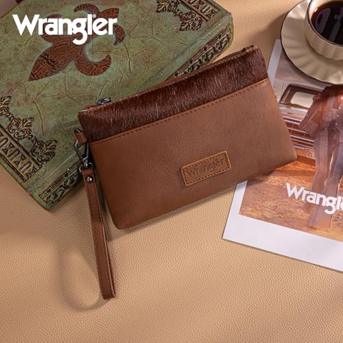 Wrangler Wristlet Wallet for Women Large Clutch Purses Credit Card Holder Phone Organizer with Detachable Wrist Strap - color: Cowhide-brown