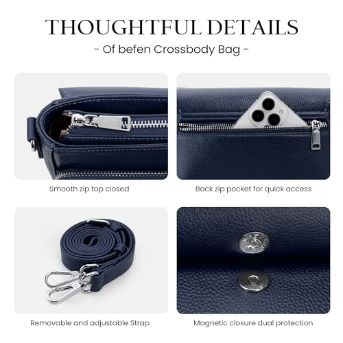befen Genuine Leather Crossbody Bags for Women Medium Purse with Built in RFID Wallets Womens Cross Body Travel Purses - color: Navy Blue