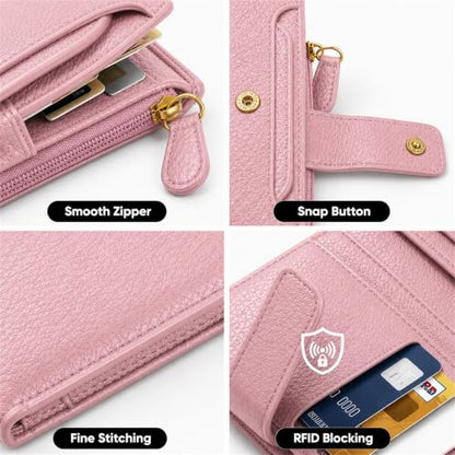 Small Wallet for Women, Compact Bifold Card Holder | Zipper Coin Pocket, 10 Card Slots, ID Window, Snap Closure, Slim Mini Wallet for Purse and Travel - color: Pink