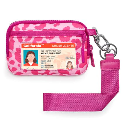 Small Wristlet Wallets for Women with Clear ID Window, Keychain Coin Purse | Organized Interior with 3 Card Slots, Inner Mesh Pouch, Lipstick Holder, Metal Key Ring and Detachable Wrist Strap - color: Hot Pink Leopard