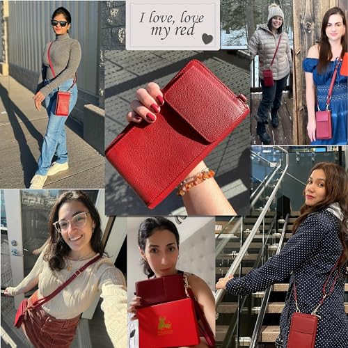 BULL GUARD Crossbody Bag for Women, Leather Phone Wallet Purse with Adjustable Anti Theft Strap & RFID Blocking 12 Card Slots - color: Red Velvet Bliss Latte - Small