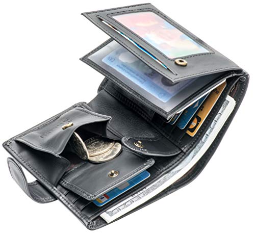 POKOFO Large RFID Genuine Leather Card Holder Trifold Wallet Snap Closure 3 ID Windows for men - color: Black Large