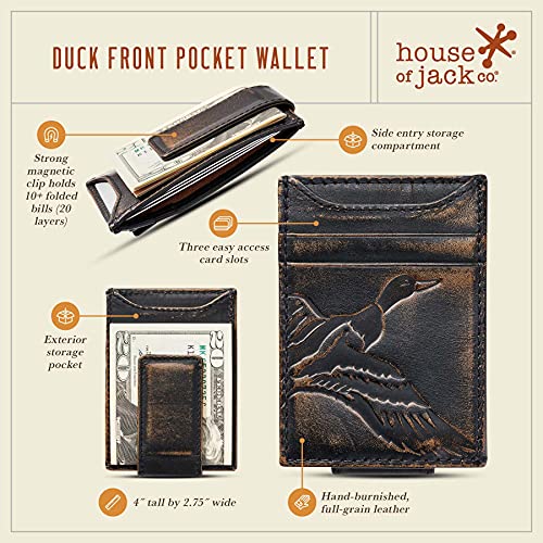 House of Jack Co. Duck Men's Wallet with Money Clip, Strong Magnetic Clip | Slim Front Pocket Wallet, Embossed Duck Men's Wallet, Full Grain Cowhide Leather, Hunting Wallet, Gift for Men, Black - style: Duck
