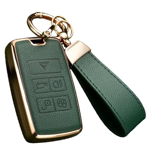 Key Fob Cover for Range Rover Jaguar Evoque Defender Discovery | Leather + Soft TPU Key Case Shell for Land Rover Jaguar XE XJ XF Sport Velar Evoque With Keychain (Green) - color: GREEN