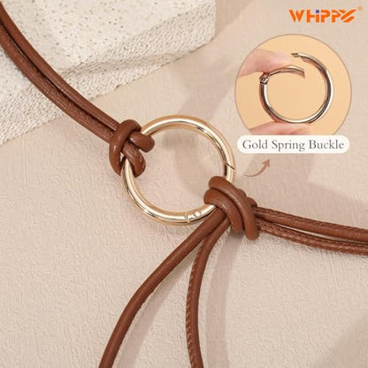 WHIPPY Women Skinny Leather Belts for Dresses Boho Thin Leather Knotted Waist Belt - color: Brown, size: Fit Waist Size up to 35"