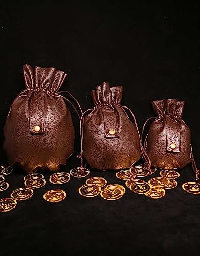 Medieval PU Leather Pouch Leather Drawstring Pouch Coin Purse Storage Renaissance Dice Bag (L, Brown) - size: Large