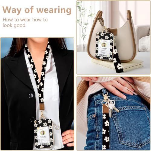 bolimoss Cute Floral Lanyard Wallet and ID Badge Holder with Zipper Pocket Breakaway Phone Wrist Lanyard, RFID Pu Leather Credit Card Holder - color: Beige Groovy Flower