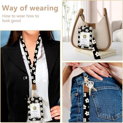 bolimoss Cute Floral Lanyard Wallet and ID Badge Holder with Zipper Pocket Breakaway Phone Wrist Lanyard, RFID Pu Leather Credit Card Holder - color: Beige Groovy Flower
