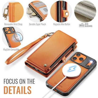 Defencase for iPhone 17 Pro Case Wallet Compatible with Magsafe, Orange | Drop-Proof Magnetic Detachable Phone Cases Cover, with RFID Bolcking Card Holder, Zipper Strap, PU Leather, Removable Wallet - color: (Detachable with Magsafe)-Orange