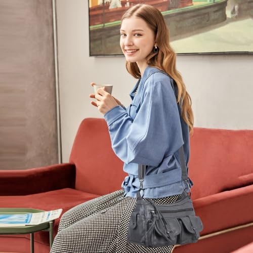 Angel Kiss Hobo Purses for Women Crossbody Shoulder Bag Ladies Multi Pocket Handbags with Adjustable Shoulder Strap | Soft Vegan Leather - color: Grey