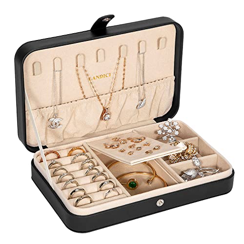 LANDICI Small Jewelry Box for Women Girls, PU Leather Travel Jewelry Case, Portable Jewelry Organizer Storage Holder Display for Ring Earrings Necklace Bracelet Bangle Men Kids Gift, Black - color: Black