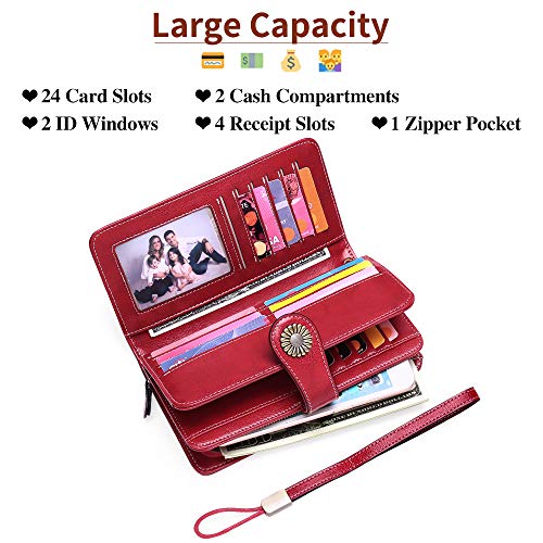 SENDEFN Womens Wallet RFID Blocking Card Holder Large Leather Wristlet - color: 1-Wax-Red-1