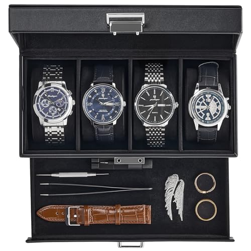 ProCase Watch Case, 4 Slot Mens Watch Box with Drawer -Black | 2-Layer Jewelry Box Display Case Holder Organizer for Men, Clear Lid, Dad Friend Father Anniversary Christmas Birthday Gift - color: Black, size: 4-Slot