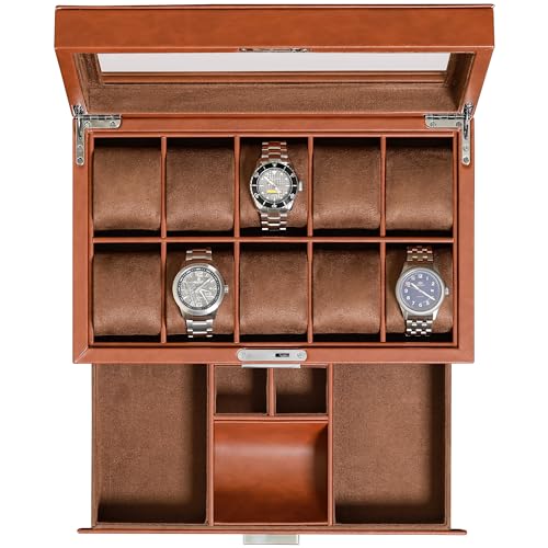 ROTHWELL 10-Slot Watch Box in Leather with Valet Drawer, Luxury Watch Case Display Organizer with Ultra Soft Microsuede Liner, Jewelry and Sunglass Holder With Large Glass top (Tan/Brown) - color: Tan/Brown
