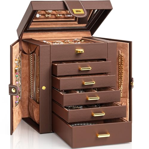 AKOZLIN 6-Tier Jewelry Box Organizer Functional 5 Drawers Leather Jewelry Storage Case for Women Girls Ring Necklace Earring Bracelet Holder Organizer with Mirror Brown Regular - color: Brown, size: Regular