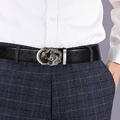 Barry.Wang Mens Leather Ratchet Belt 1 3/8" Adjustable Buckle Click Design | Gift Box,Smooth Sliding,Automatic,Trim to Fit,Genuine,Dress Casual Jeans Golf,Business,Formal,Designer,Daily,Classic - color: Dragon Black, size: 43.3'' Long(Waist Size 29''-36''