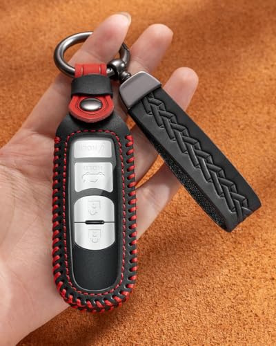 Leather Key Fob Cover Case for Mazda CX-5, 3, 6, MX-5 Miata | 2009-2026 fit, 2-5 button fobs, protects from scratches, drops and daily wear, clear TPU button window, black - color: Black