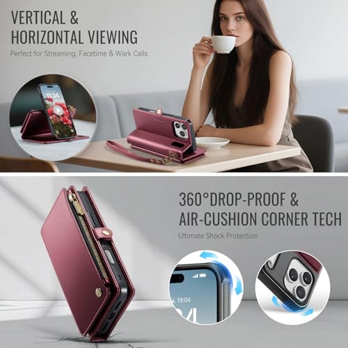Defencase for iPhone 17 Pro Case Wallet Compatible with Magsafe, Wine Red | Drop-Proof Magnetic Detachable Phone Cases Cover, with RFID Bolcking Card Holder, Zipper Strap, PU Leather, Removable Wallet - color: (Detachable with Magsafe)-Wine Red