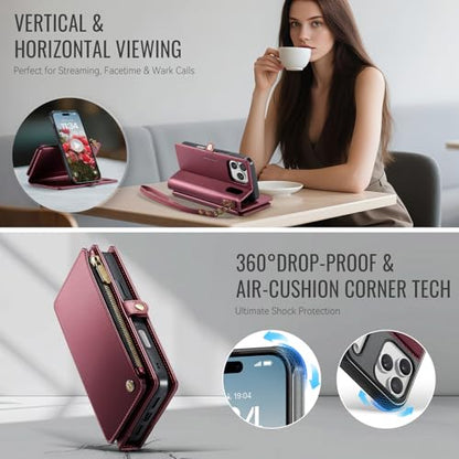 Defencase for iPhone 17 Pro Case Wallet Compatible with Magsafe, Wine Red | Drop-Proof Magnetic Detachable Phone Cases Cover, with RFID Bolcking Card Holder, Zipper Strap, PU Leather, Removable Wallet - color: (Detachable with Magsafe)-Wine Red