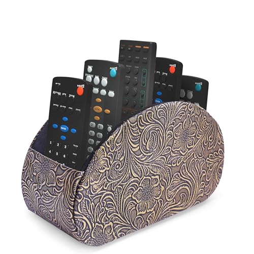 Remote Control Holder, PU Leather Remote Caddy Desktop Organizer with 5 Spacious Compartments for TV Remotes/Media Controllers/Office Supplies (1-Carved Copper Gold - color: 1-Carved Copper Gold