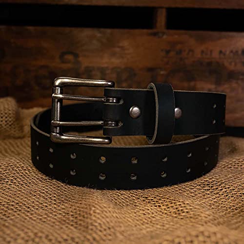 Men’s Classic Leather Belt, Double Prong Retro Style, Antique Nickel Buckle, 1 ½” Width, Amish handmade in the USA - color: Black, size: 34 inches