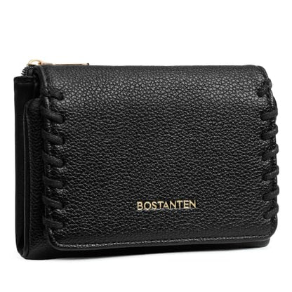 BOSTANTEN 작은 지갑 여성용 RFID 차단 카드 홀더 지퍼 포켓 포함, 블랙., 3단 소형 지갑 | Soft Suede Pebble Leather, Trifold, ID Window, Compact for Small Purse, Daily, Travel, Gifts - color: 블랙.