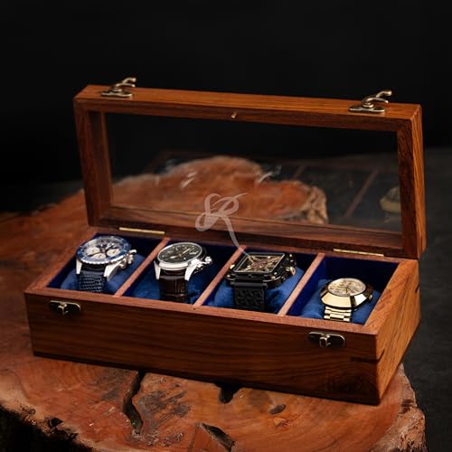 Handmade Mens watch box, Watch display case, Indian Rosewood single watch box case organizer for men, Velvet lining glass lid, Solid Gift for Him | Made for Special Events (FOUR SLOT) - size: FOUR SLOT