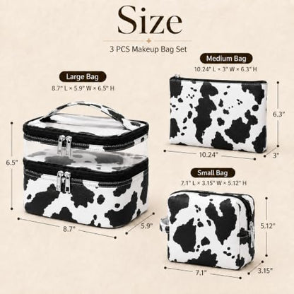 3PCS PU Leather Makeup Bag, Large Travel Cosmetic Pouch, Cute Toiletry Organizer for Women, Set of 3 - color: White-3pc