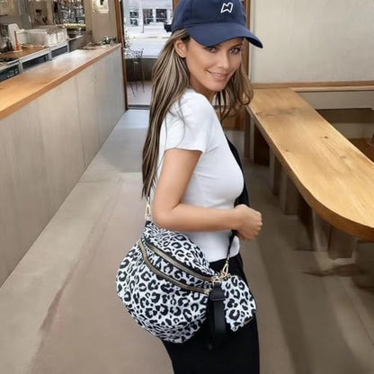 Checkered Crossbody Bum Bags for Women, Nylon Sling Bags with Shoulder Strap, Large Capacity Checkered Purse Bag - color: White Leopard