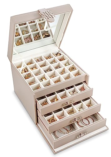 Glenor Co Earring Organizer Holder - 75 Small & 4 Large Slots Classic Jewelry Box with Drawer & Modern Closure, Mirror, 4 Trays Earrings, Ring or Chain Storage - PU Leather Case - Sand - color: Sand