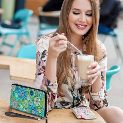 Wristlet Wallets for Women,Large Capacity RFID Blocking Leather Zip Around Travel Wallet Phone Purse Clutch Bag - color: Green Mandala Flowers