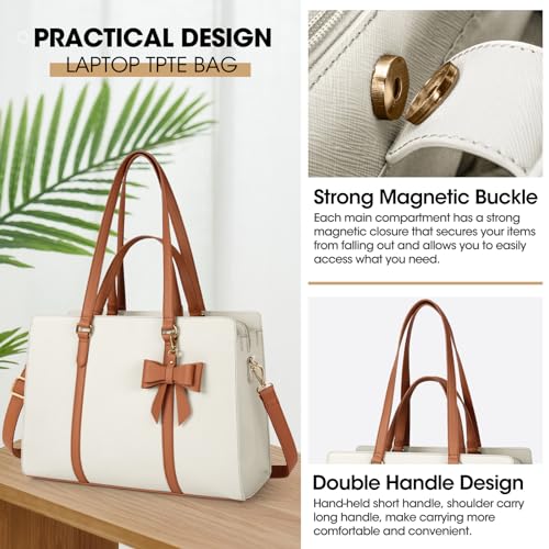 NUBILY Laptop Bag for Women 15.6 inch Leather Work Tote Bag | Waterproof Computer Bag with Bow Large Briefcase with Multi-Pockets Handbag Purse for Business Office Commuting Beige Brown - color: Beige Brown