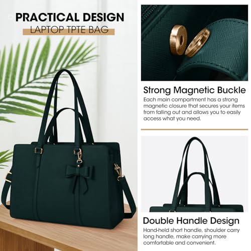 NUBILY Laptop Bag for Women 15.6 inch Leather Work Tote Bag | Waterproof Computer Bag with Bow Large Briefcase with Multi-Pockets Handbag Purse for Business Office Commuting Dark Green - color: Dark Green
