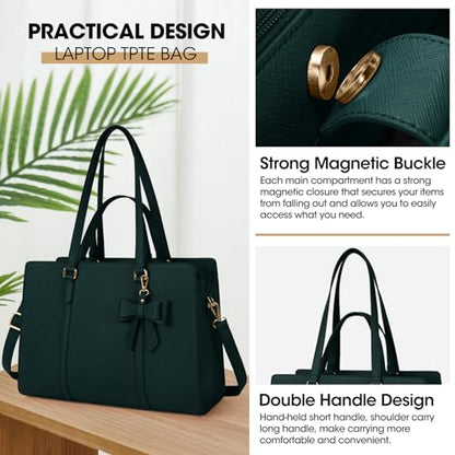 NUBILY Laptop Bag for Women 15.6 inch Leather Work Tote Bag | Waterproof Computer Bag with Bow Large Briefcase with Multi-Pockets Handbag Purse for Business Office Commuting Dark Green - color: Dark Green