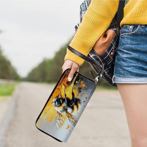 Womens Wallet, Large Capacity RFID Blocking PU Leather Wristlet Wallets Bee Design for Women Ladies Men Credit Card Holder Zipper Wallet Phone Holder Clutch Travel Purse - color: Bee