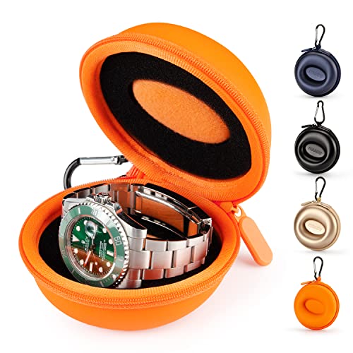 Single Watch Travel Case for Women, Portable Watch Box Fits 50mm Max | Hard Shell Storage Carrier W/ Carabiner & Soft Sponge, Unisex Build, Perfect For Vacations, Gym, Outdoor Trips & Daily Use - color: Orange