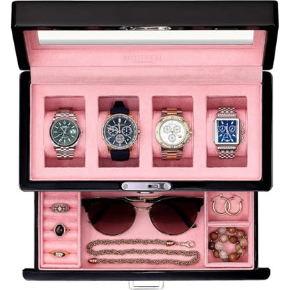 ROTHWELL 4-Slot Piano Black Watch Box with Valet Drawer - Premium Jewelry Display Case Organizer with Locking Glass Top and Microsuede Liner for Men & Women (Pink Interior) - color: Piano Black / Pink