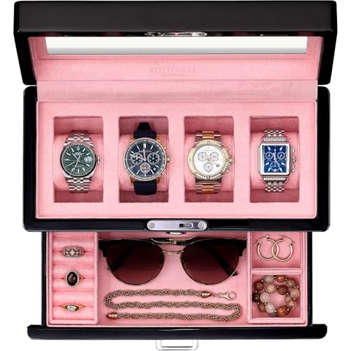 ROTHWELL 4-Slot Piano Black Watch Box with Valet Drawer - Premium Jewelry Display Case Organizer with Locking Glass Top and Microsuede Liner for Men & Women (Pink Interior) - color: Piano Black / Pink