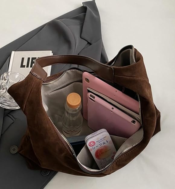 Women’s Trendy Suede Tote Bag Shoulder Bags For Women Fall Underarm Bag Winter Hobo Bag Work Purses Suede Travel Handbag - color: Coffee