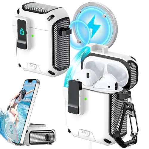 AirPods 2 Case with Lock Magnetic Lid Phone Stand, White | Compatible with Apple AirPods 2(2019) and AirPods(2016) Case with Cleaner Kit & Keychain, Powerful Drop Protection - color: T-White, size: AirPods 2 Case