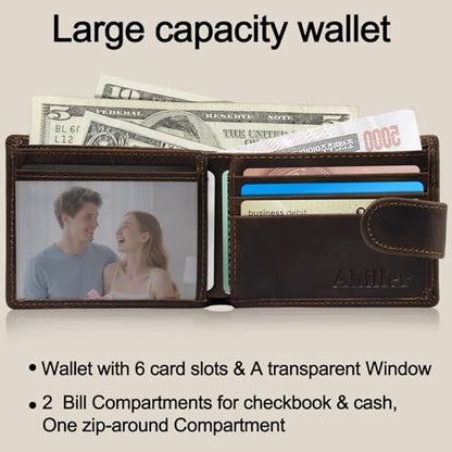 Ahiller Chain Wallets for Men Crazy Horse Leather Bifold Biker Wallet Brown | Removable Anti-Theft Stainless Steel Chain,Come with Gift Box,Zippered Cash Compartment,1 ID Window, 5 Card Slots - color: Brown