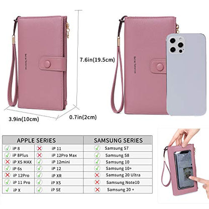 myfriday Touch Screen RFID Phone Crossbody Purse with 2 Straps for Women | Clear phone window, RFID card space, 11 slots and zip pockets support quick calls, errands, theme parks and travel - color: B-pink
