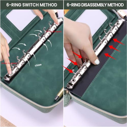 A6 Binder Zipper Budget, Planner for Travel & Study | Faux leather A6 organizer with zipper, cash pouches, lined pages, card slots and pen holder for budgeting. - color: Green2