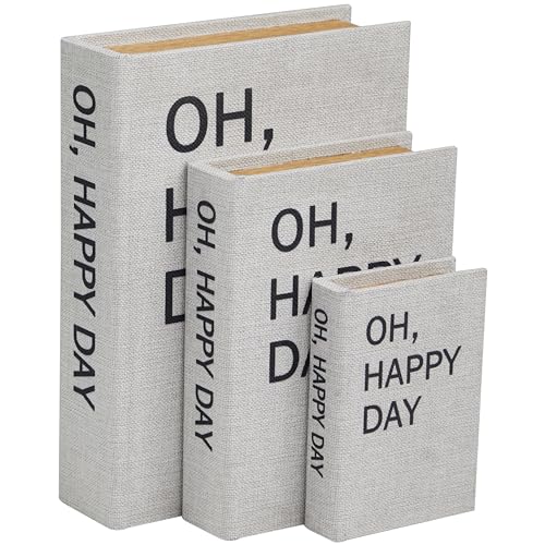 Deco 79 Linen Fabric Decorative Box Storage Book Book Shaped Boxes with Typography and Gold Page Inspired Detail, Set of 3 Decorative Keepsake Boxes 12", 9", 6"H, Light Gray - color: Light Gray, size: 12", 9", 6"H